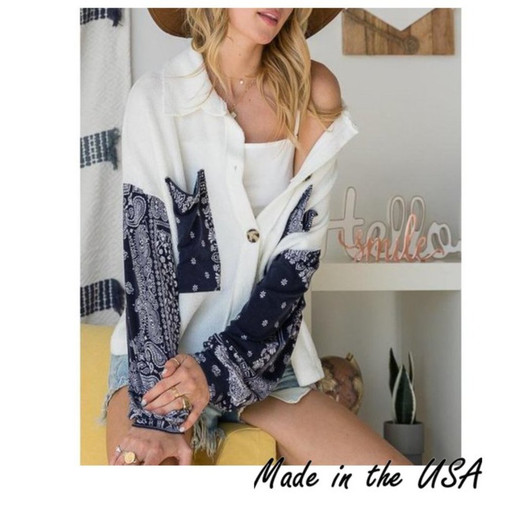 Cropped Navy Paisley & White Shacket - Picture 2 of 5